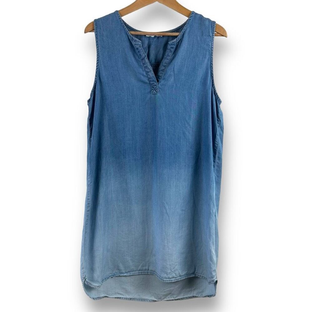Beach Lunch Lounge Womens L Sleeveless Chambray Blue Ombre Dress Coastal Cowgirl